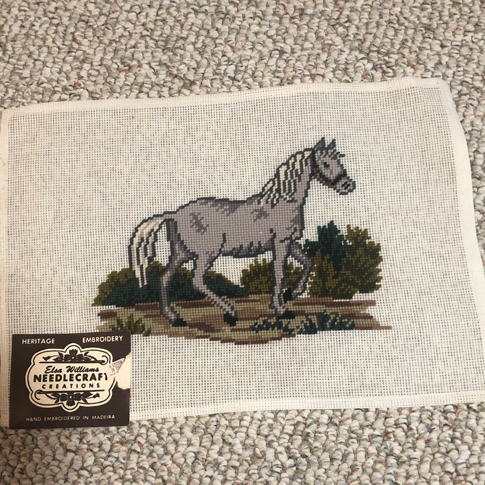 Vintage Needlepoint Equestrian complete no frame 11 x 16